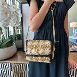 GUCCI Raffia Azalea Calfskin Crochet Flower Small GG Marmont Shoulder Bag Natural Ecru Black