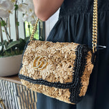 GUCCI Raffia Azalea Calfskin Crochet Flower Small GG Marmont Shoulder Bag Natural Ecru Black