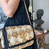 GUCCI Raffia Azalea Calfskin Crochet Flower Small GG Marmont Shoulder Bag Natural Ecru Black