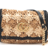 GUCCI Raffia Azalea Calfskin Crochet Flower Small GG Marmont Shoulder Bag Natural Ecru Black