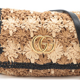 GUCCI Raffia Azalea Calfskin Crochet Flower Small GG Marmont Shoulder Bag Natural Ecru Black